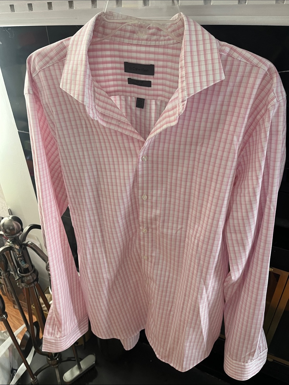 Calvin Klein Long-Sleeve Pink white Checked Dress Shirt size 17 36/37